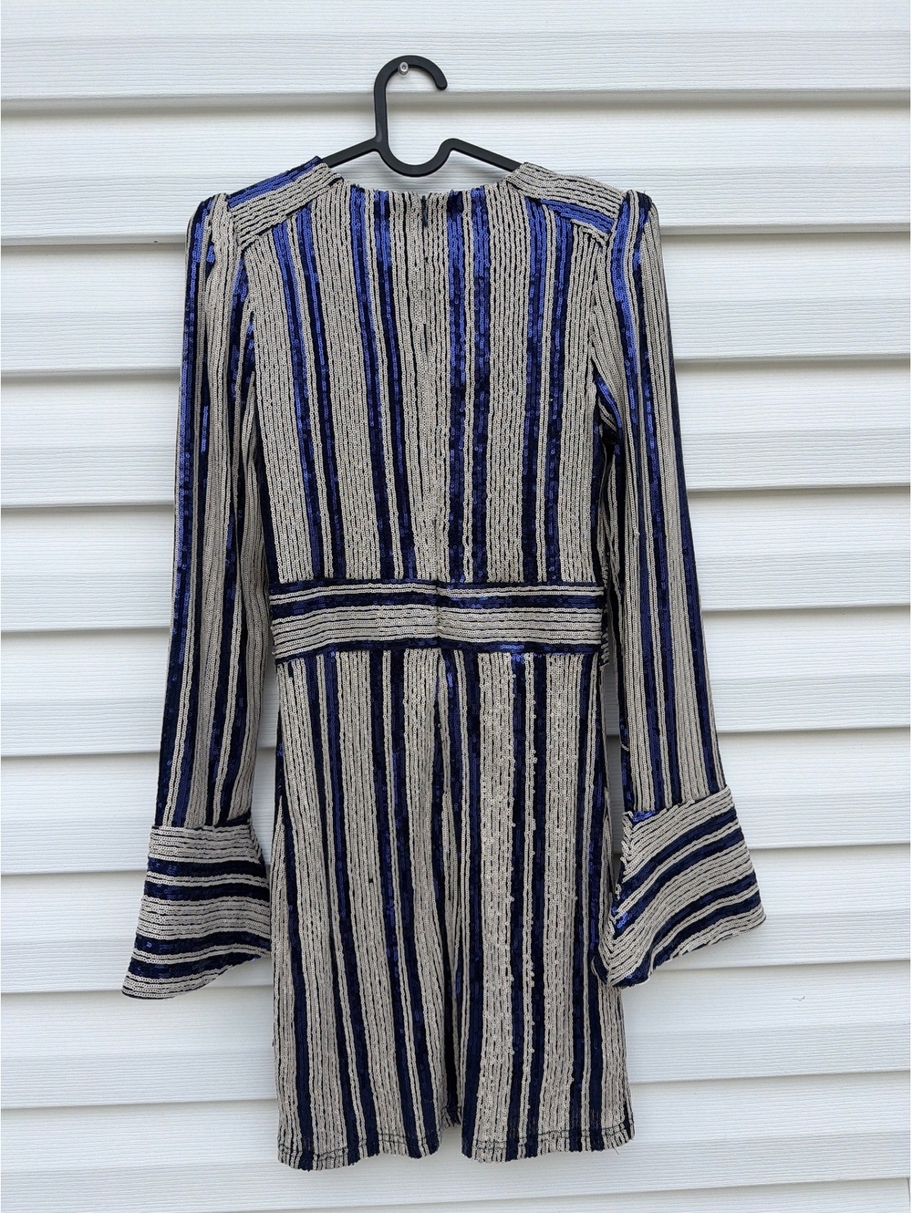 Goodtime USA Women's S Navy Silver Sequin Striped Bell Sleeve Mini Dress - Picture 2 of 8